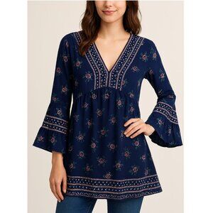 Nostalgia Midnight Blue & Rose Patterned V‑Neck Boho Tunic Tiered Bell Sleeves